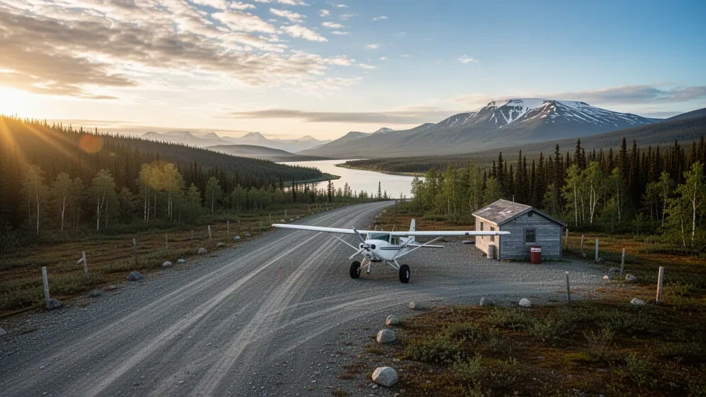 Pista de grava y avión ligero en el aeropuerto de Stevens Village, en la remota Alaska, rodeados de bosque de abetos y del río Yukón a la hora dorada