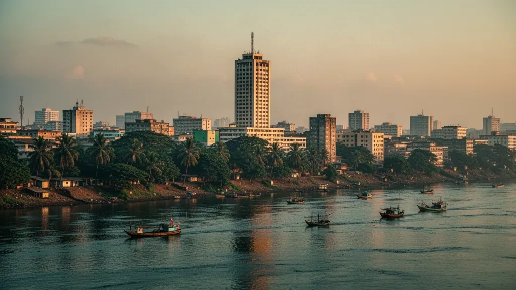 Altın saatlerde Kongo Nehri boyunca Kinshasa şehir silüeti, Demokratik Kongo Cumhuriyeti'nde Limete Kulesi ile birlikte