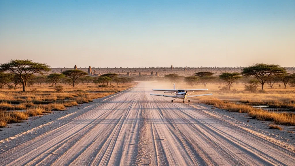 Abgelegene sandige Buschpiste des Savuti Airport in Botswana mit einem kleinen leichten Safari-Flugzeug zur goldenen Stunde in der Chobe-Savanne