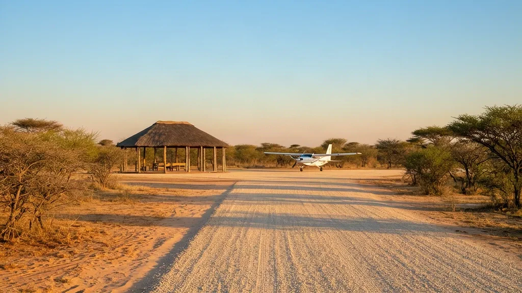 Aéroport isolé de Savuti SVT au Botswana, montrant une piste en gravier poussiéreuse, une piste d'atterrissage de safari ouverte dans la brousse et un petit avion charter dans une lumière chaude d'après-midi.