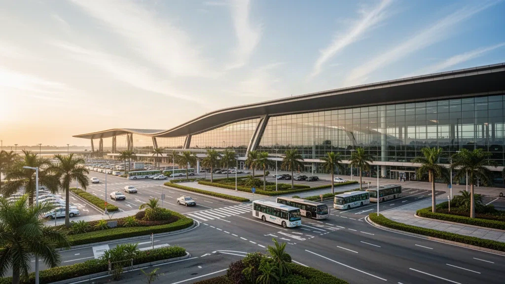 Modern glass terminal exterior at Jieyang Chaoshan International Airport at golden hour, with drop-off lanes, taxis, and palm-lined access roads.