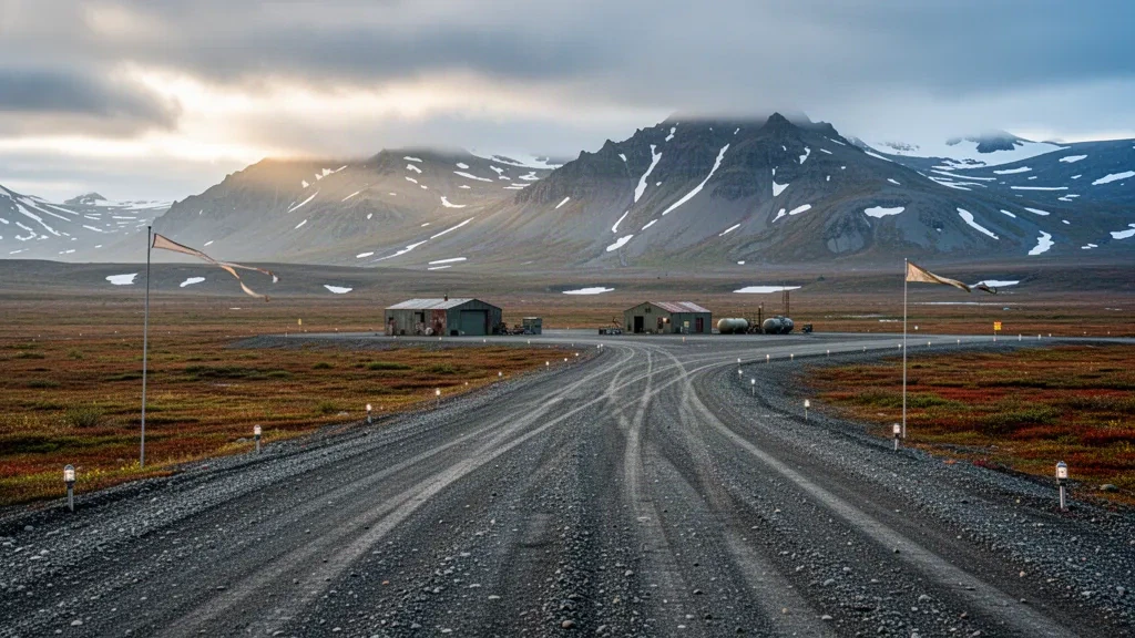 Pista remota de grava en el aeropuerto de Sparrevohn LRRS, Alaska, rodeada de colinas de tundra y montañas lejanas bajo una suave luz norteña.