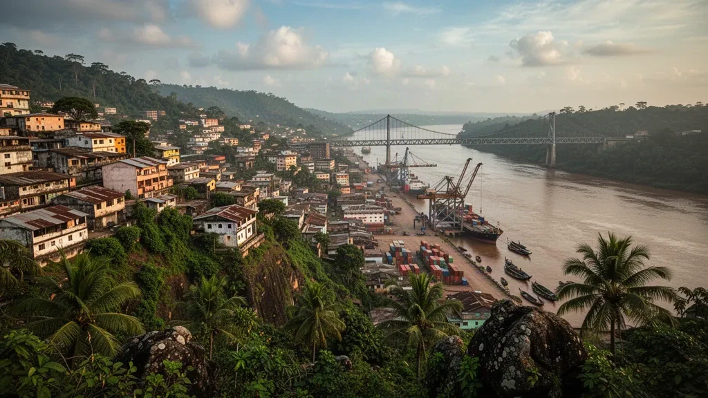 Elevated view of Matadi, Kongo Central, with its hillside port, the Congo River and a steel suspension bridge at golden hour