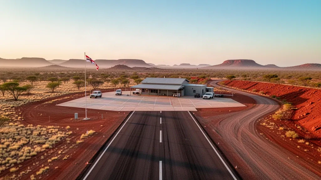 Remote outback airstrip at Shaw River Airport in Western Australia's Pilbara, with red earth, low scrub and a single runway in golden light