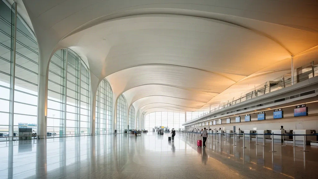 Viajeros con equipaje dentro de la moderna terminal del Aeropuerto Internacional de Jieyang Chaoshan SWA en Guangdong, China.