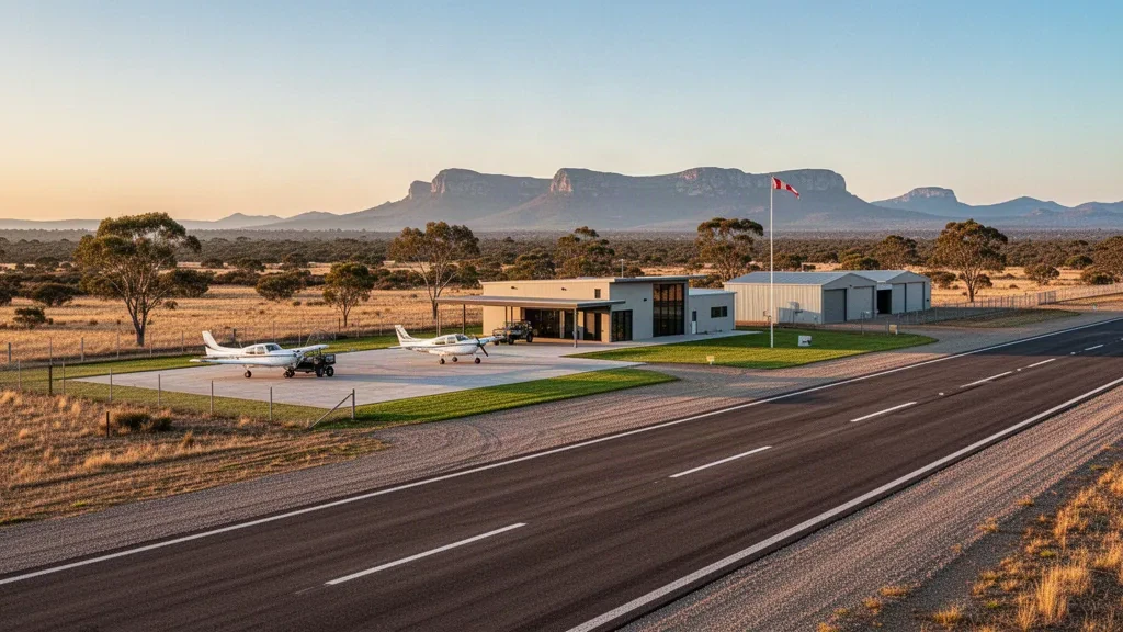 Pista regionale dell'aeroporto di Stawell nel Victoria con una pista asfaltata, piccoli hangar e viste sui Grampians durante l'ora d'oro