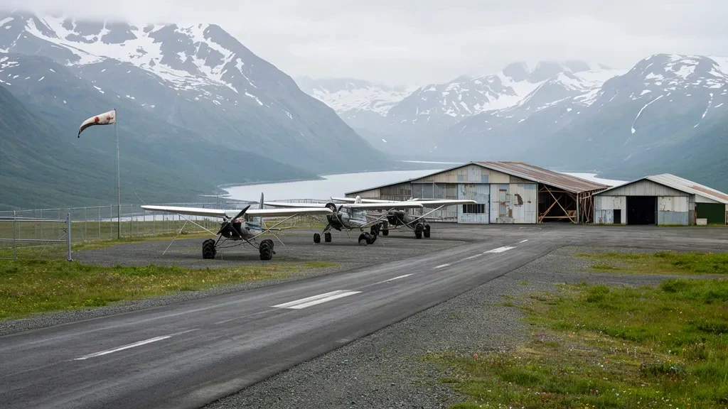 Small Alaskan general aviation airfield at Seward Airport with a narrow runway, parked bush planes, metal hangars and snow-streaked mountains beyond