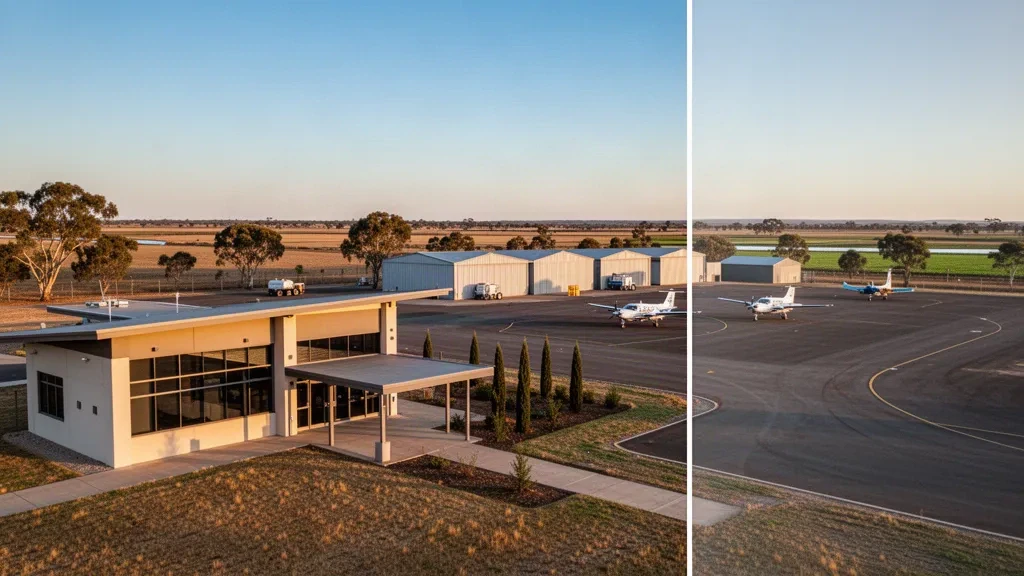 Regional airport terminal, hangars and light aircraft on the apron at Swan Hill Airport in Victoria, Australia, in warm golden-hour light.