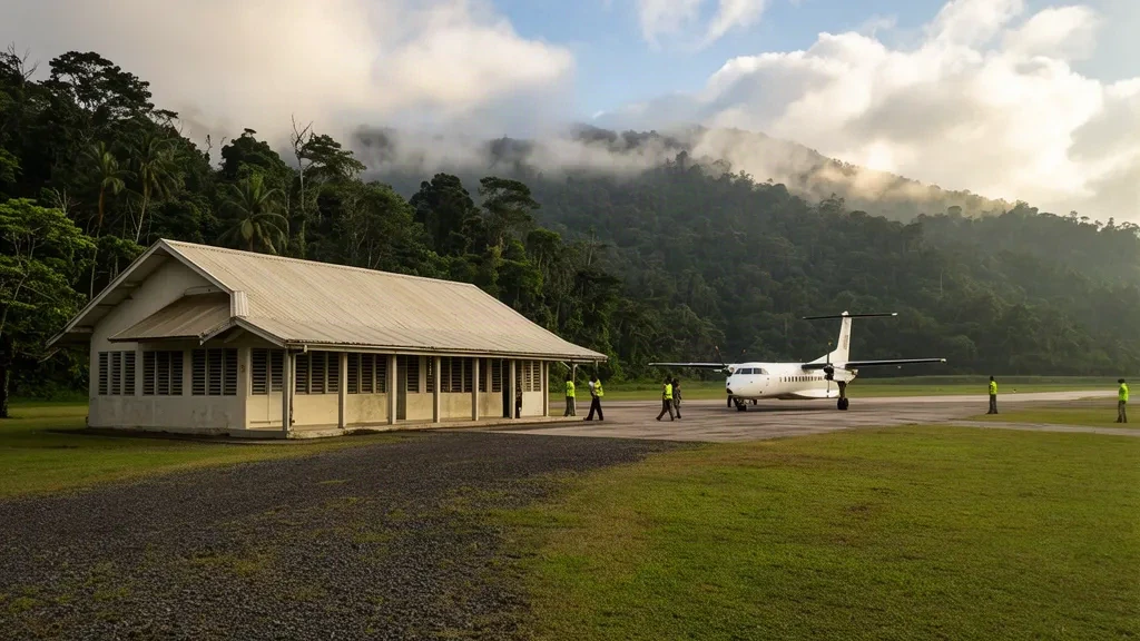 Eingeschossiges Terminalgebäude, grasbewachsene Landepiste und abgestellte Turboprop-Flugzeuge am Flughafen Satwag (SWG), umgeben von tropischem Regenwald