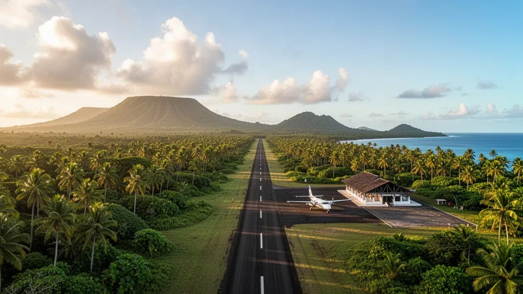 Tropische Insel-Landebahn am Flughafen South West Bay in Vanuatu, umrahmt von Palmenwald und vulkanischen Hügeln zur goldenen Stunde