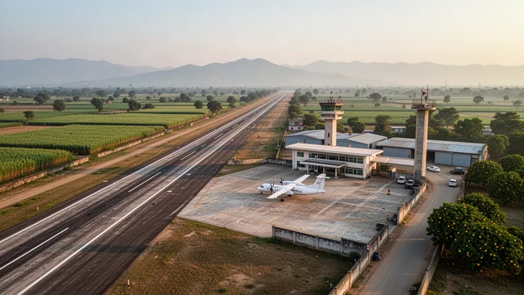 Runway, apron and control tower at Sarsawa Air Force Station near Saharanpur in warm golden-hour light