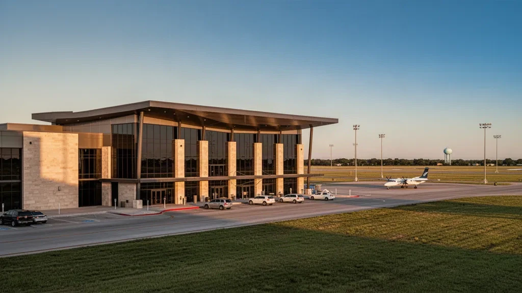 Terminal d'aéroport régional moderne et voie de dépose-minute devant l'aéroport régional de Stillwater en Oklahoma, éclairés par la lumière chaude de l'heure dorée