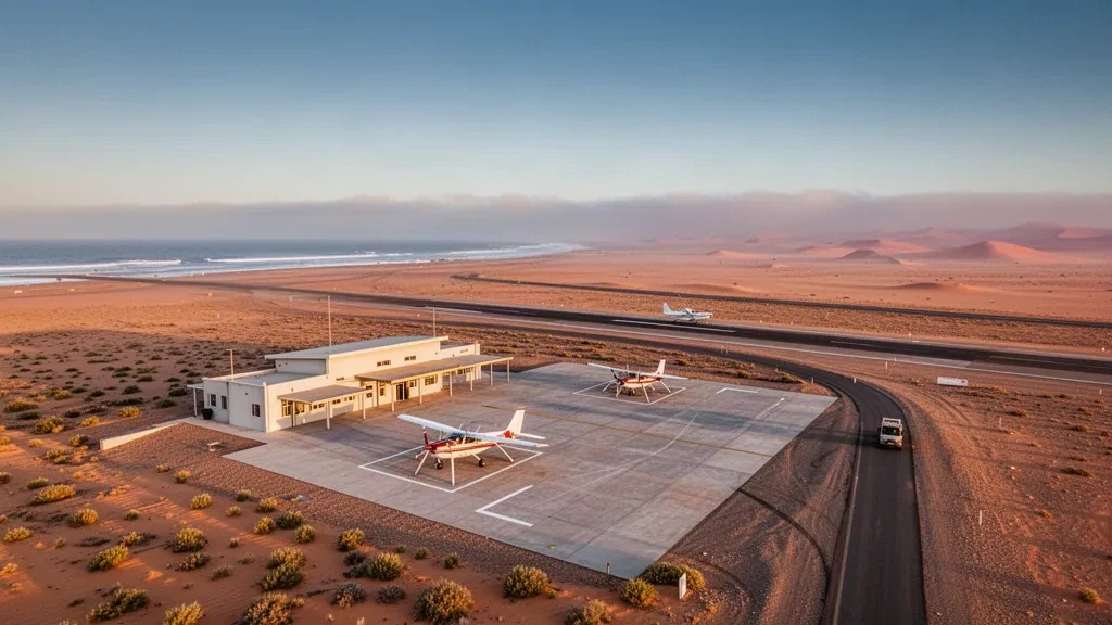 Swakopmund Belediye Havaalanı'nda küçük uçak ve terminal apronu, ötesinde Namib Çölü kumulları ve Atlas Okyanusu kıyı pusu