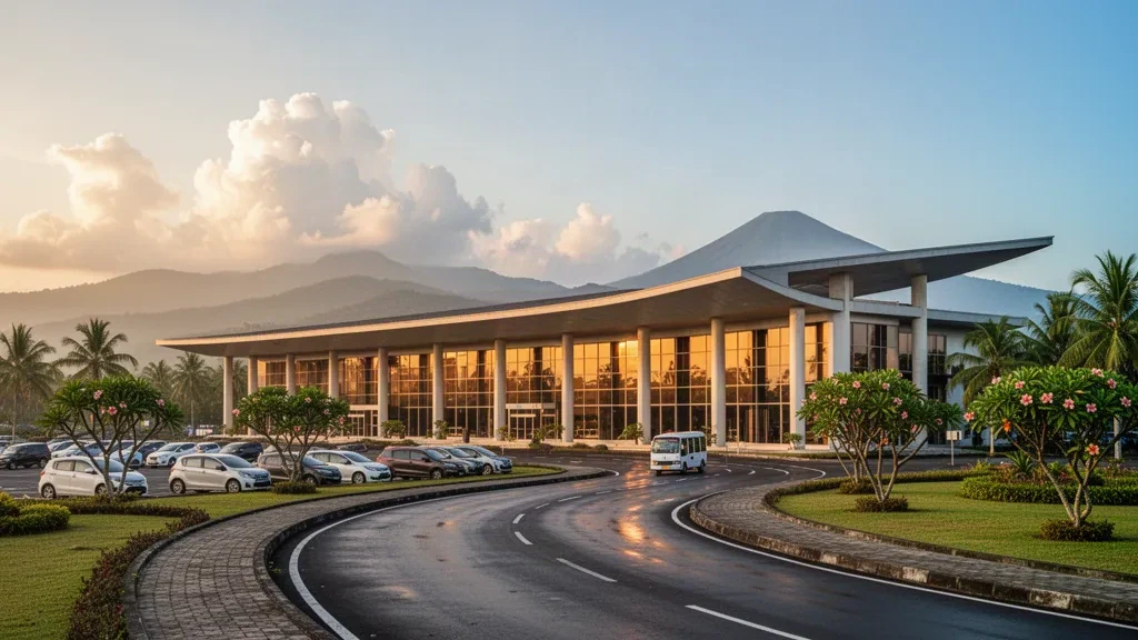 Exterior de una terminal moderna en el Aeropuerto de Sumbawa Besar con palmeras, una zona de descenso curva y colinas volcánicas lejanas bajo la cálida luz de la tarde