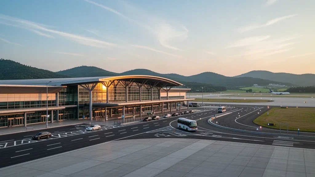 Güney Kore'deki Suwon Havalimanı'nda sıcak altın saat ışığı altında modern cam terminal cephesi ve kıvrımlı erişim yolu