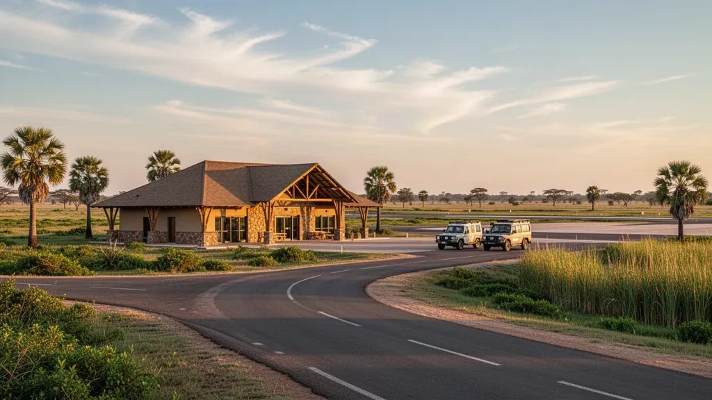 Pequeña terminal de aeropuerto regional y pista en Shakawe, Botsuana, rodeada por los humedales del delta del Okavango a la hora dorada