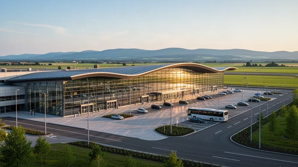 Fachada moderna de terminal de vidrio y carriles de descenso en el aeropuerto de Estrasburgo en Entzheim, Francia, enmarcados por el campo alsaciano a la hora dorada