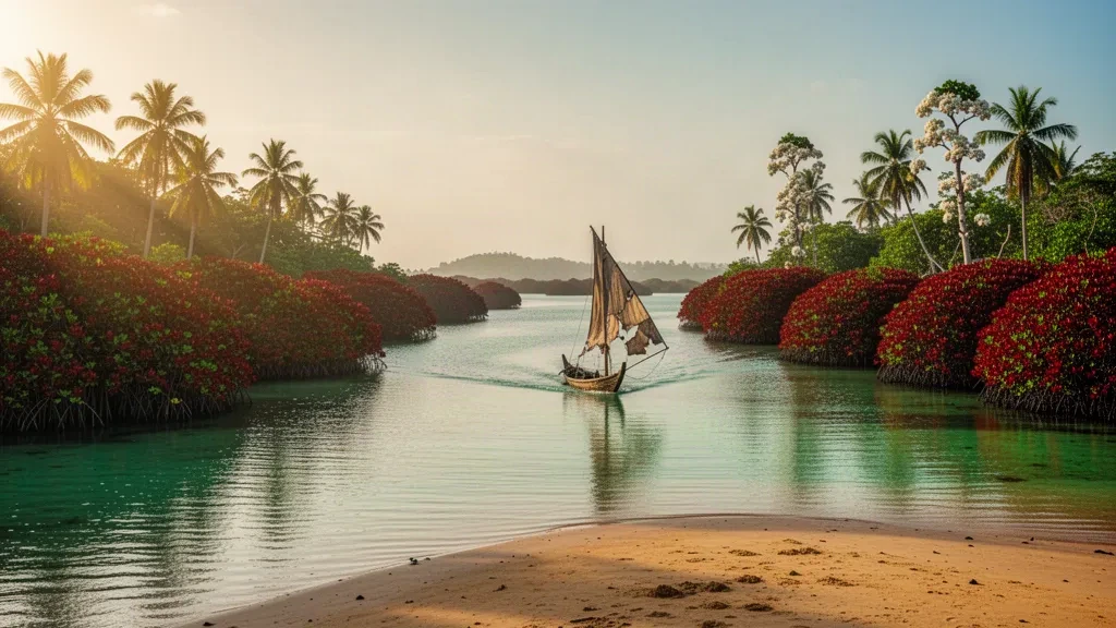 Traditional wooden pirogue sailing through mangrove-lined turquoise channels of the Bijagós Archipelago in Guinea-Bissau at golden hour