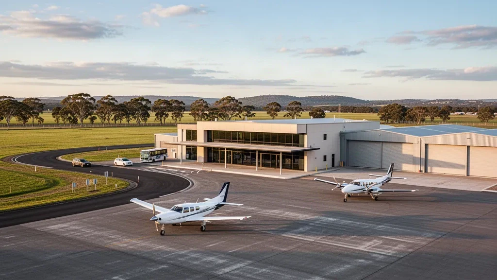 Aeropuerto de West Sale en la región de Victoria, con su edificio terminal bajo, hangares y aeronaves ligeras en la plataforma bajo la luz dorada del atardecer