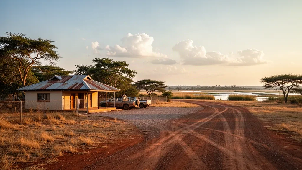 Wide golden-hour view of Senanga Airport in Zambia, showing its gravel airstrip, modest terminal building and bushveld setting.