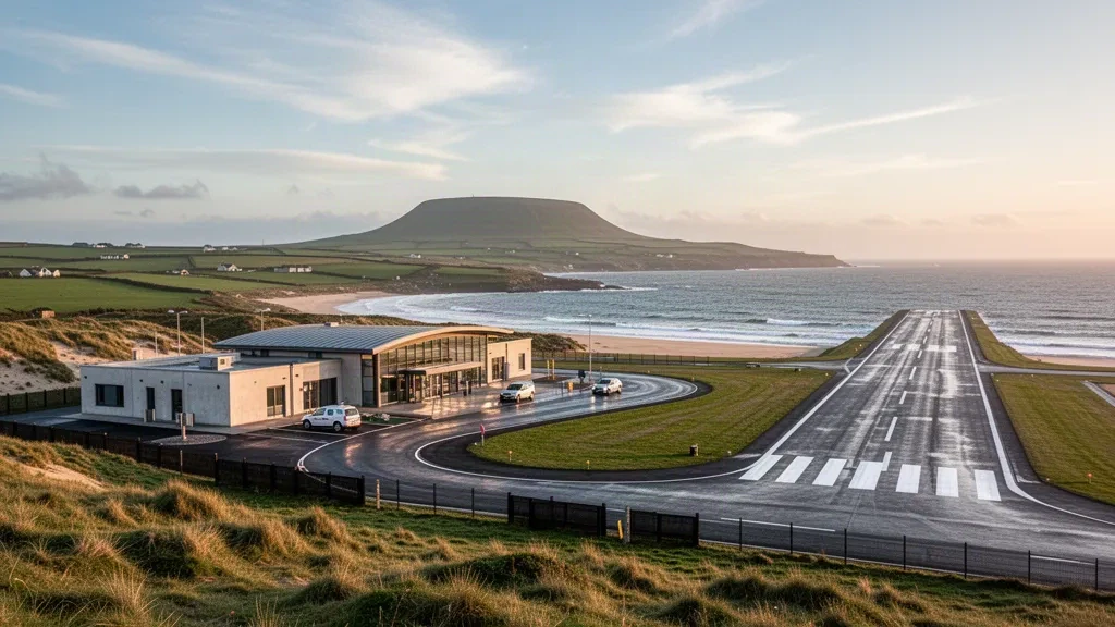 Terminal de l'aéroport de Sligo et piste côtière à Strandhill, comté de Sligo, avec la colline de Knocknarea et l'océan Atlantique au-delà