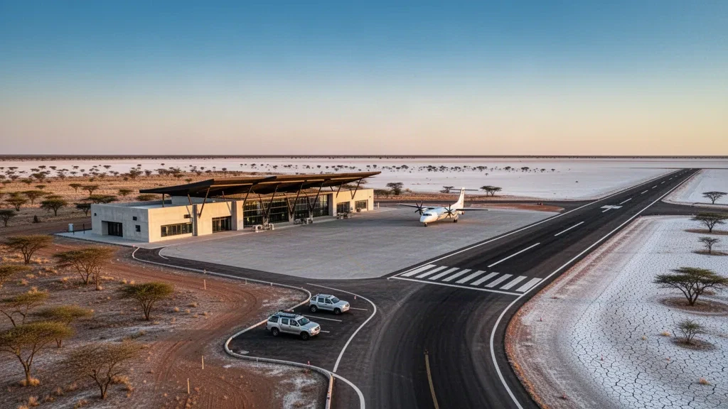 Terminal et piste de l'aéroport de Sua Pan dans le paysage de salines du Botswana à l'heure dorée, avec un petit biréacteur à turbopropulseurs sur l'aire de stationnement