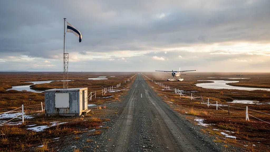 Pista de grava y pequeño cobertizo de servicios en el aeropuerto de Nunam Iqua, en el delta del Yukón-Kuskokwim, bajo un amplio cielo de Alaska