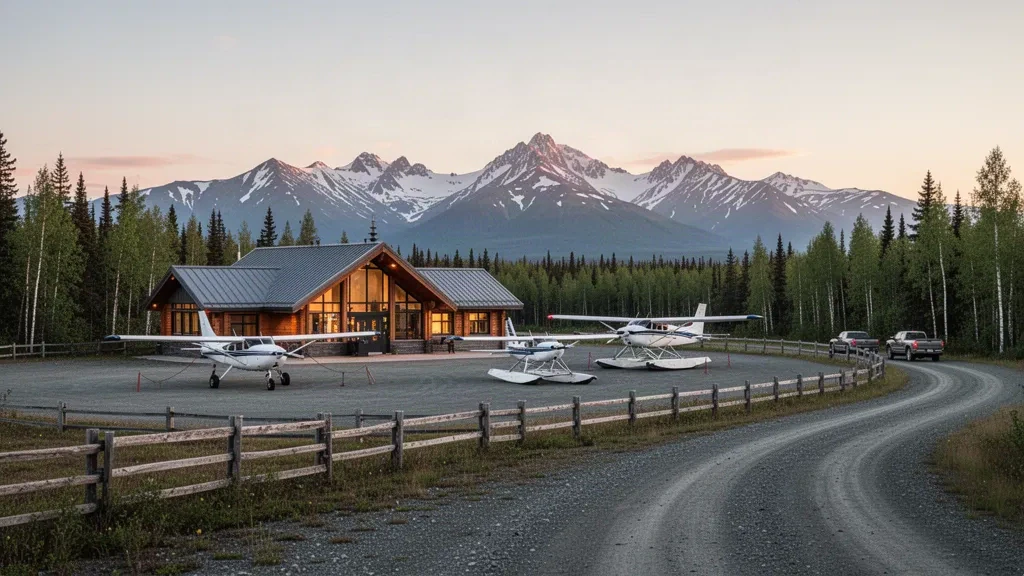 Hydravions sur le tablier de gravier de l'aéroport de Soldotna en Alaska, encadrés par une forêt d'épinettes et les montagnes Kenai au loin à l'heure dorée