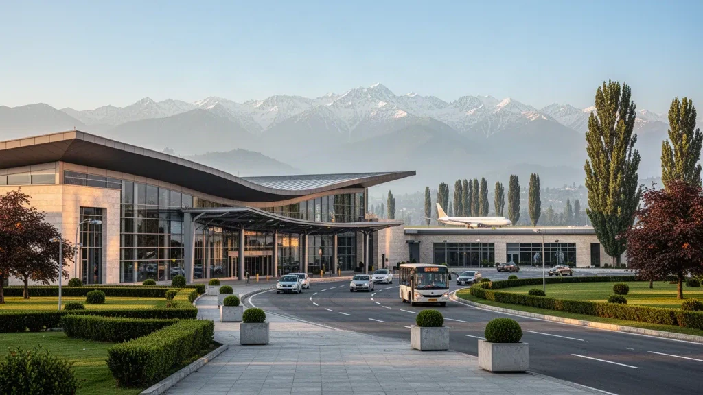 Exterior de la terminal moderna del Aeropuerto Internacional Sheikh ul Alam en Srinagar, enmarcada por las montañas Pir Panjal cubiertas de nieve