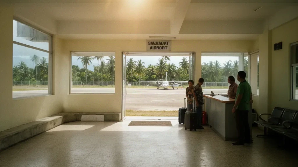 Interior de terminal tropical sencilla en el Aeropuerto Sahabat (SXS) en Sabah, Malasia, con mostrador de facturación, asientos y luz natural a través de las ventanas