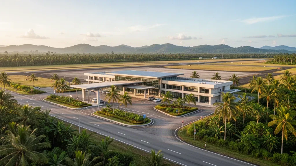 Terminal tropical et route d'accès bordée de palmiers à l'aéroport de Sahabat 16, dans l'État de Sabah, en Malaisie, sous une douce lumière dorée.