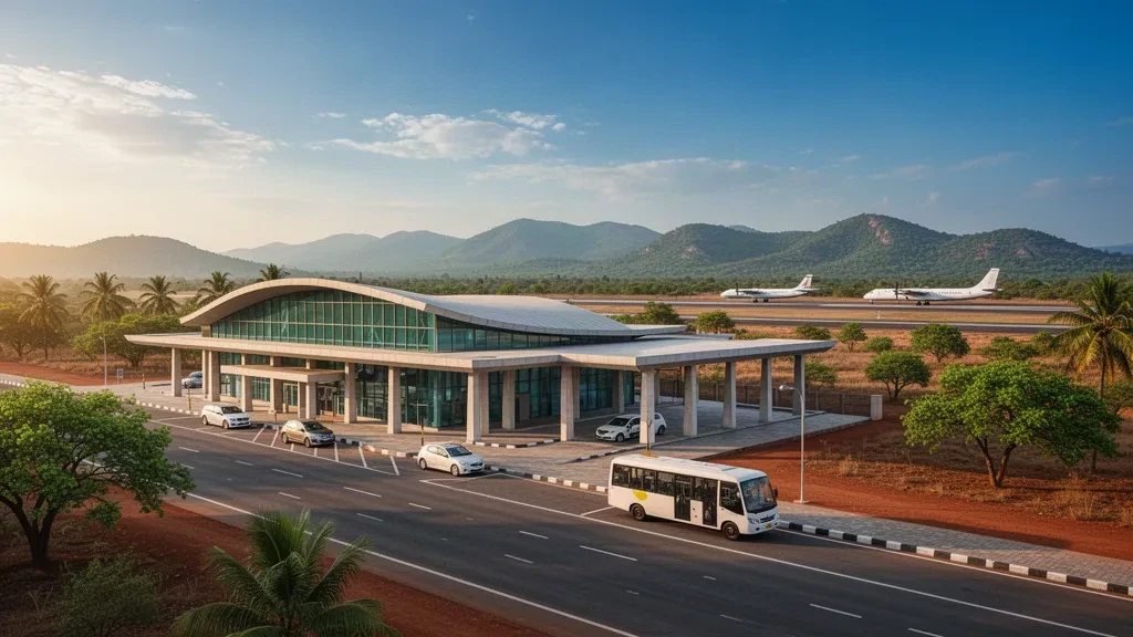 Tamil Nadu'daki Salem Havalimanı'nda modern cam terminal binasının dış cephesi ve yolcu indirme şeridi, sıcak altın saat ışığında palmiyeler ve uzak tepeler