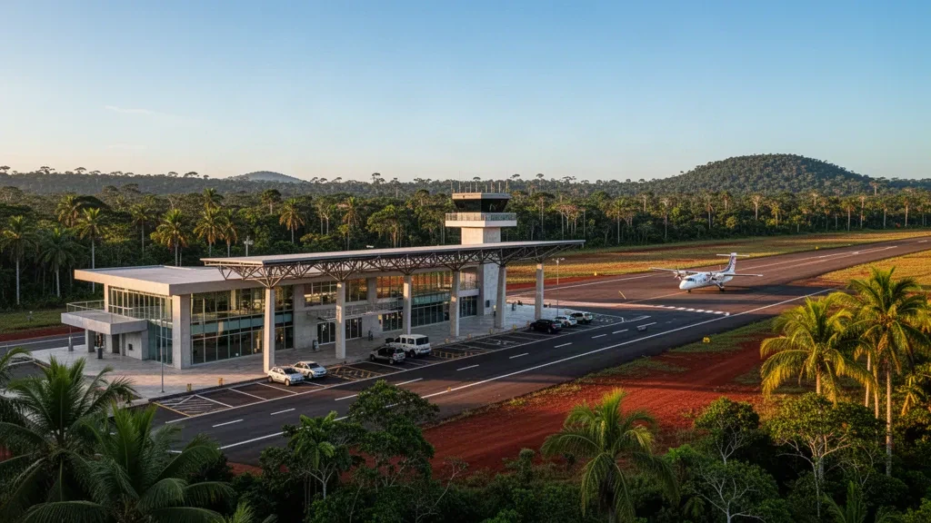 Terminal moderne et environnement tropical à l'aéroport de São Félix do Xingu, dans l'État du Pará, au Brésil, capturés à l'heure dorée.