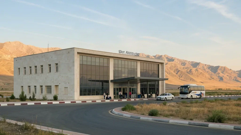 Exterior view of the compact Siirt Airport SXZ terminal in southeastern Turkey with glass facade and arid mountains behind