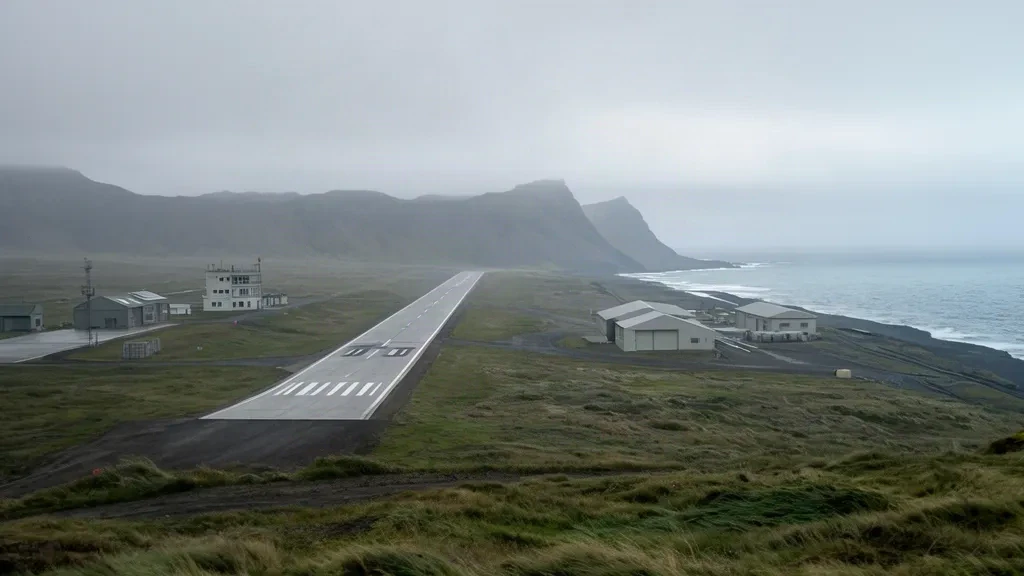 Veduta ampia di Eareckson Air Station sull'Isola di Shemya, Alaska, con la sua pista remota, la tundra e il cielo coperto delle Aleutine.