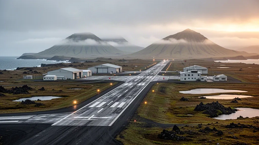 Alaska'nın Shemya Adası'ndaki Eareckson Hava Üssü'nde sisli Bering Denizi göğü altında uzak tundra pisti ve hangarlar