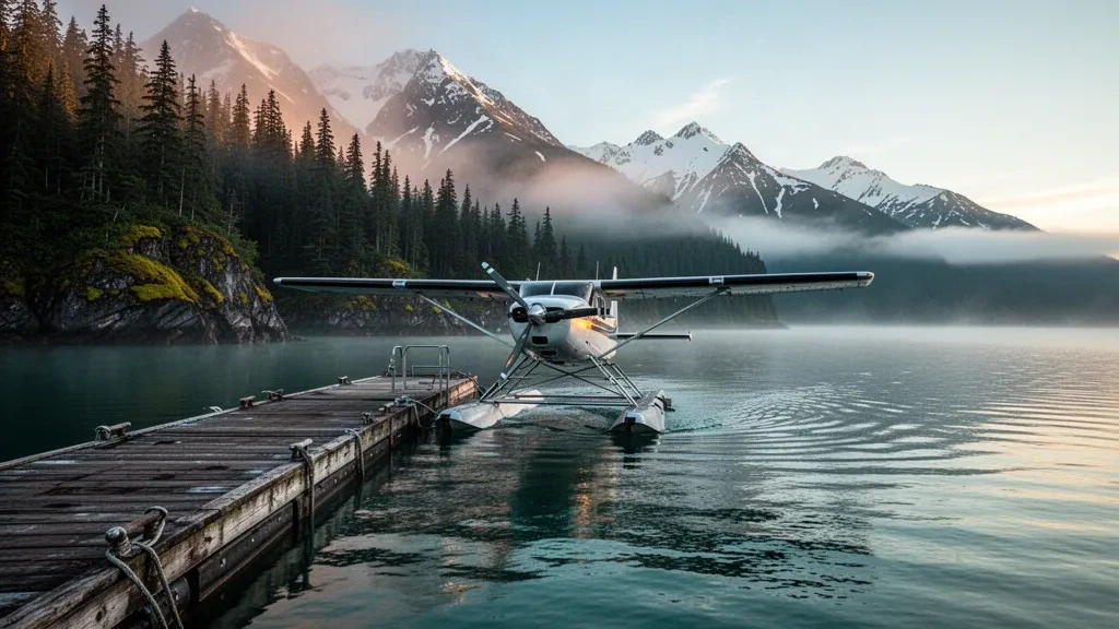 Hydravion amarré à un ponton en bois à Seal Bay, en Alaska, avec des îles boisées et une lumière matinale brumeuse