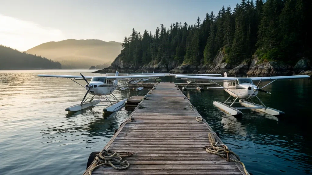Floatplanes moored at the wooden dock of Silva Bay Seaplane Base on Gabriola Island, British Columbia