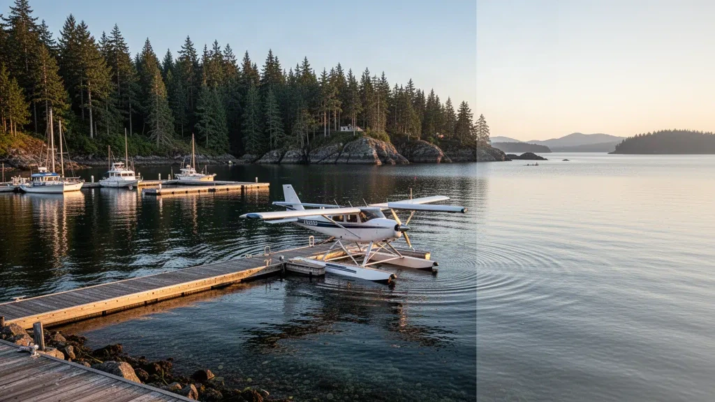 Britanya Kolumbiyası, Gabriola Adası'ndaki Silva Bay'de iskelede bağlı deniz uçağı, altın saatte sakin su ve yaprak dökmeyen kıyı şeridi.