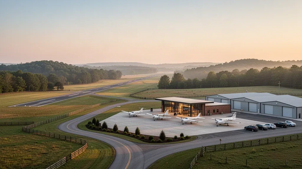 Blick zur goldenen Stunde auf das Bomar Field, Shelbyville Municipal Airport, mit Hangars, einem geparkten Leichtflugzeug und seiner einzigen Start- und Landebahn im ländlichen Tennessee.