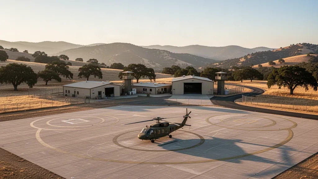 Military helicopter on the concrete apron at Roberts Army Heliport in Camp Roberts, California, lit by warm golden-hour light