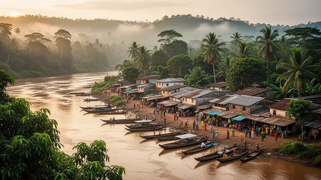 Paysage urbain de Kindu le long de la Lualaba dans le Maniema, République démocratique du Congo, avec des pirogues en bois et une végétation tropicale luxuriante.