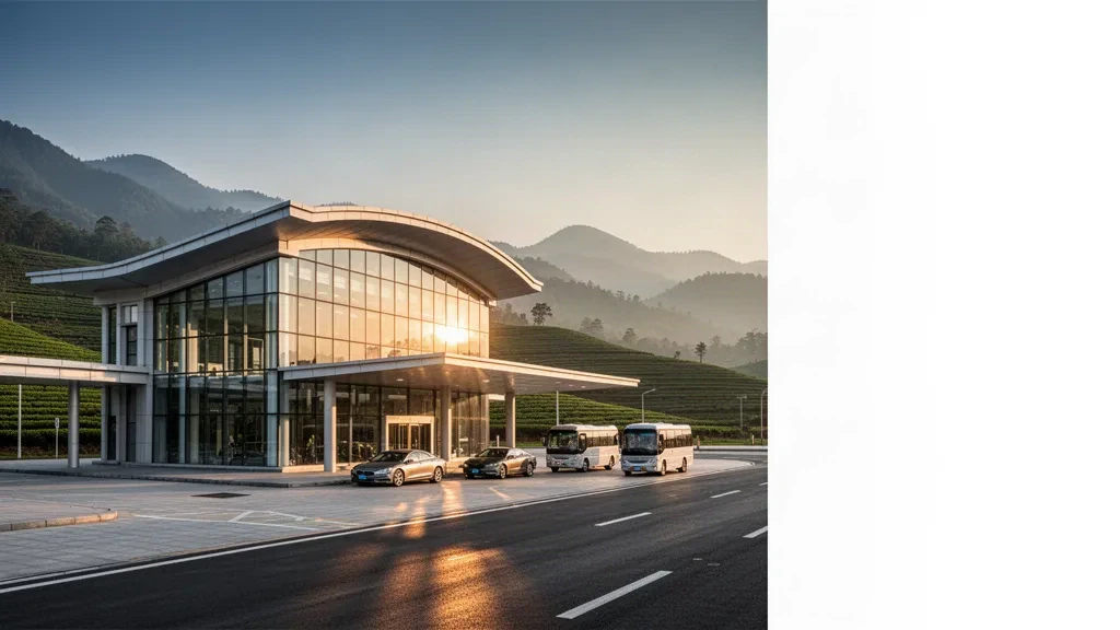 Modern glass airport terminal exterior in Pu'er, Yunnan, framed by misty tea-terraced hills at golden hour