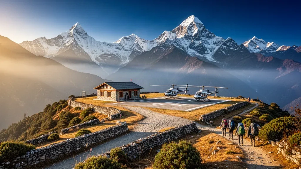 Namche Bazaar yakınındaki Syangboche Havalimanı'nda kısa ve yüksek irtifalı pist, park halindeki helikopterler ve arka planda karla kaplı Himalaya zirveleri