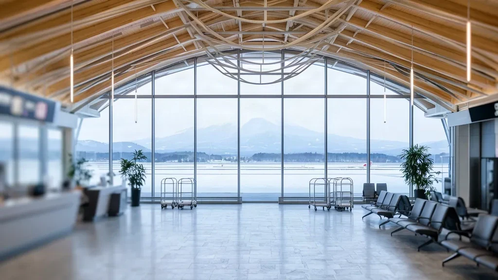 Intérieur du terminal de l'aéroport de Shonai à Sakata, Yamagata, avec un hall de départ ensoleillé, un plafond en bois et des montagnes enneigées au loin