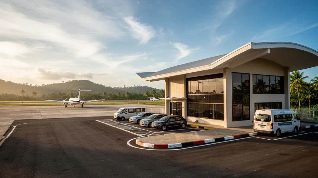 Tropisches Terminalgebäude und Flugzeugabstellfläche am Flughafen Rubén Cantú in Santiago, Veraguas, Panama, beleuchtet von der späten Abendsonne zur goldenen Stunde
