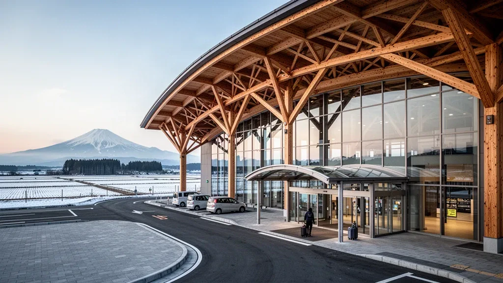 Terminal dell'aeroporto di Shonai con struttura in cedro a Yamagata, in Giappone, con il monte Chokai innevato all'orizzonte
