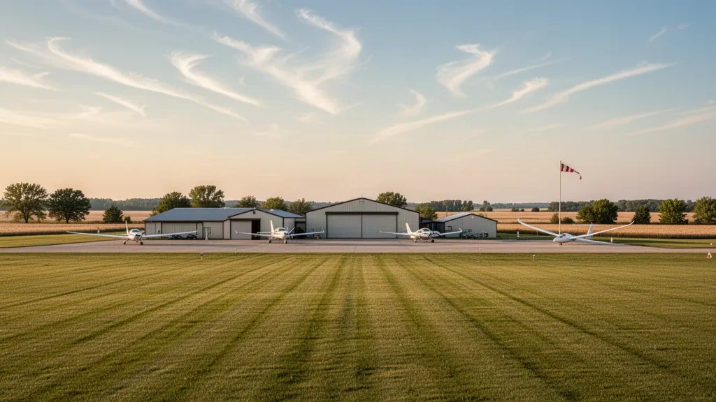 Stanton Airfield in Minnesota con una pista erbosa, hangar bassi, piccoli aerei e campagne aperte sotto una calda luce dorata.