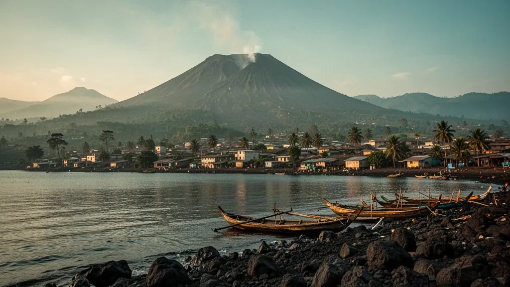 Goma lakeside town on Lake Kivu with the Nyiragongo volcano rising behind, North Kivu, Democratic Republic of the Congo
