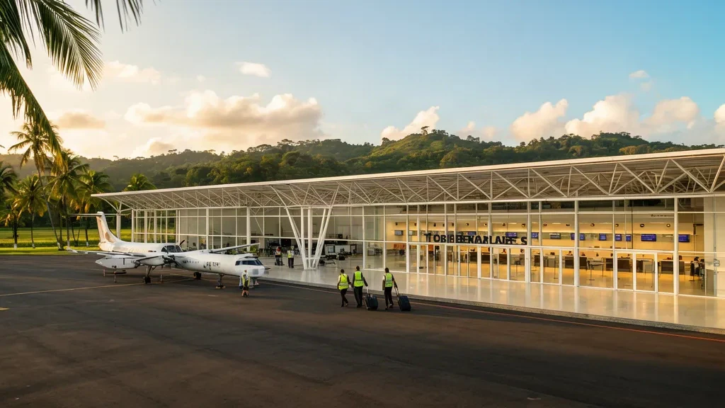 Tobías Bolaños International Airport terminal in Pavas, San José, with travellers and a small aircraft on the apron